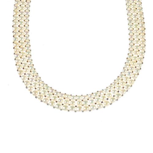 A selection of cultured pearl jewellery. To include a three row necklace with silver-coloured beads