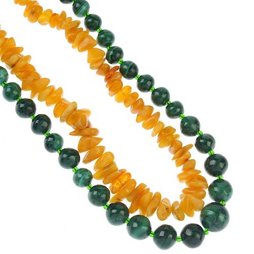 A large selection of gem jewellery. To include a selection of malachite bangles, a modified amber fr