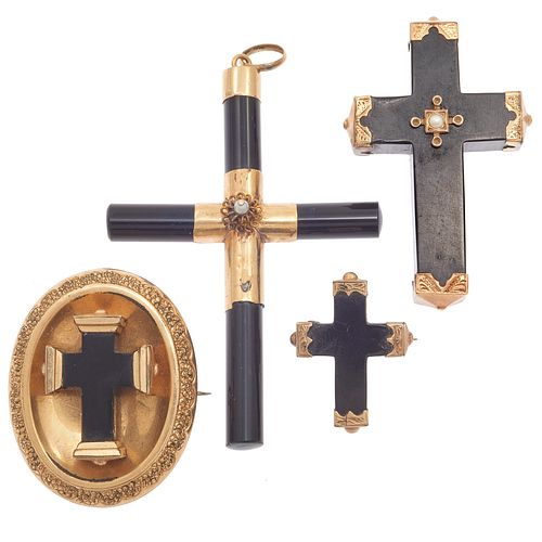 Collection of Four Victorian Onyx, Jet, Crosses