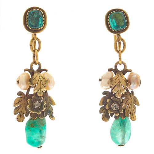 Pair of Emerald, Diamond, Pearl, Gold-Fill Earrings