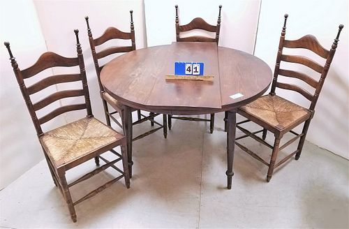 SHERATON STYLE 46" DIAM PINE TABLE W/LEAF + 4 CAPE ANN LADDER BACK RUSH SEAT CHAIRS
