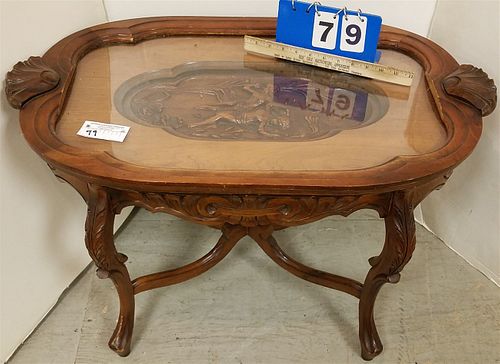 MAHOG COFFEE TABLE W/ TRAY TOP COVERING A HIGH RELIEF CARVING 19 1/4"H X 31 1/2"W X 19"D