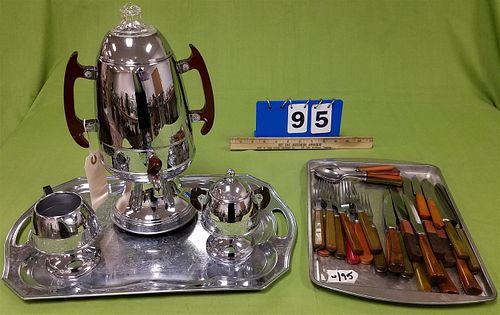 DECO CHROME LIMITED AUTOMATIC COFFEE MAKER, TRAY, CREAM AND SUGAR AND TRAY BAKELITE FLATWARE