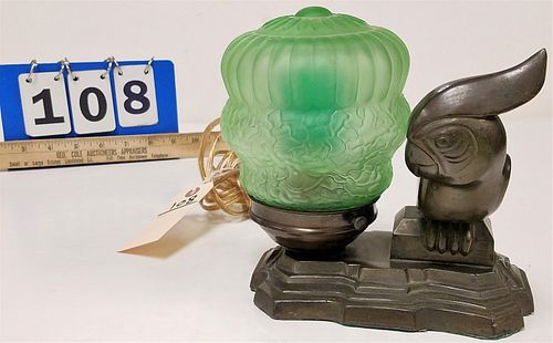 DECO FIGURAL METAL LAMP W/ PARROT AND GREEN GLASS GLOBE 6 3/4"H X 7 1/2"W X 5"D