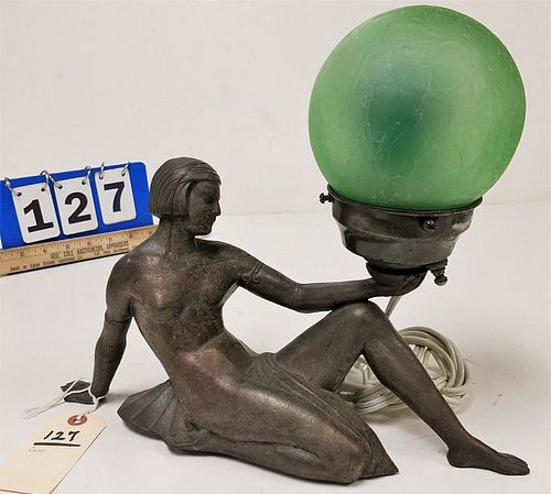 DECO METAL FIGURAL BASE LAMP W/ RECLINING WOMAN HOLDING A GREEN GLASS GLOBE 11 1/2"H X 14 1/2"W X 3 1/2"D