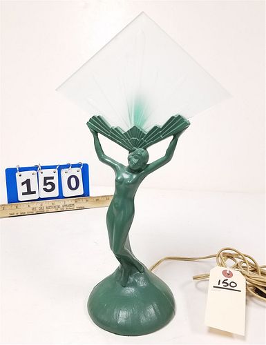 DECO METAL FIGURAL BASE LAMP-WOMAN HOLDING A TRIANGULAR FROSTED GLASS FAN 15 1/2"