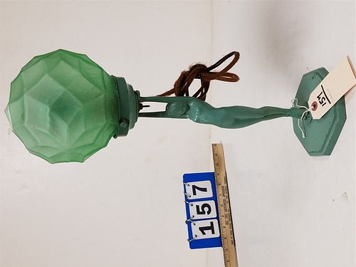 FRANKART METAL FIGURAL BASE LAMP WOMAN HOLDING A GREEN GLASS GLOBE 18" (REPAIR ON BASE)