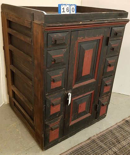 19TH C 10 DRAWER/1 DOOR CABINET UNLOCKS W/ TOP MOULDING IS LIFTED 45"H X 33"W X 31"D
