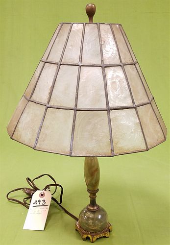 BRONZE DRESSER LAMP W/ ALABASTER MOUNTS AND LEADED SHELL SHADE 18"