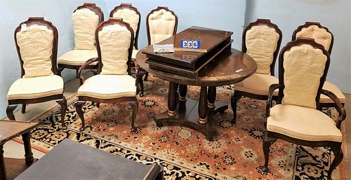 WALNUT PED BASE TABLE 3'7"W X 4'2"L W/ 2- 20" LEAVES AND 8 CANE BACK CAHIRS W/ CUSHIONS