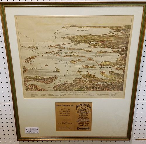 FRAMED VINTAGE 20'S TRAVEL MAP BIRD'S EYE VIEW OF BOSTON HARBOR 15 3/4" X 20" W/ COVER 7" X 7 1/2"