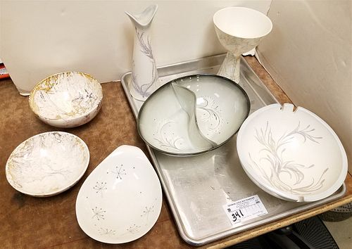 TRAY 7PC SASCHA RASTOFF VASE 8"H X 3" DIAM COMPOTE 6"H X 5" DIAM, 2 SECTION BOWL 2 3/4"H X 10"W X 8"D, 2 FOOTED BOWLS 2 1/2"H X 5 3/4" DIAM AND 1 3/4"