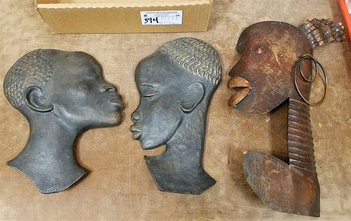 LOT MID CENTURY AFRICAN WALL HANGINGS- PR CAST IRON BUSTS 10 1/2"H X 8"W X AND 11"H X 6 1/2"W AND COPPER 14 1/2"H X 7 1/2"W