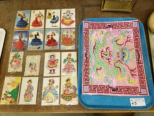 TRAY POST CARDS COSTUMES OF DIFFERENT COUNTRIES- ACTUAL THREAD AND CHINESE SILK MAT