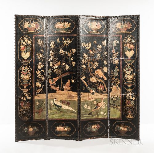 Dutch Four-panel Painted Leather Screen