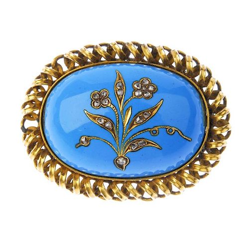 A single-cut diamond and enamel brooch. The oval-shape brooch with blue enamel central panel set wit