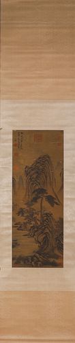 A Chinese landscape silk scroll painting, Wangxi mark