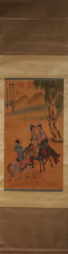 A Chinese figure silk scroll painting, Yangjin mark