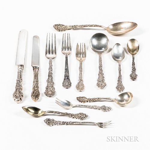 Lot - SILVER: Whiting Louis XV sterling silver flatware and servingware,  thirty-two pieces, most monogrammed: twelve sterling handled di