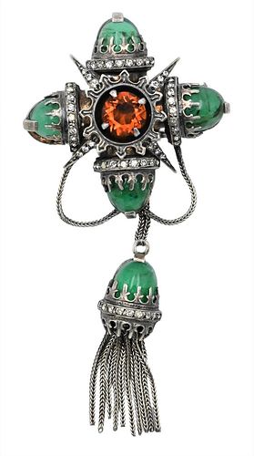 Silver Brooch, mounted with green stones and center amber round stone and small diamonds, hallmarked, total height 3 1/4 inches.