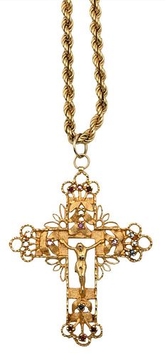 18 Karat Gold Necklace, having large gold cross, length 32 inches, 48.7 grams.