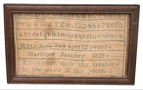 Sampler, Hartford, Connecticut, by Mary Ann Yale, aged 12, January 1823, 7 1/2" x 12".