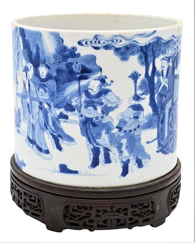 Large Blue and White Chinese Brush Pot, painted with official making a presentation to sage peasant accompanied by his bullock Daoist symbol, on carve