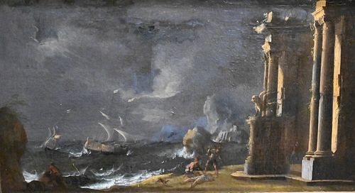 Attributed To Leonardo Coccorante (Italian, 1680 - 1750), oil on canvas, ships in distress under a stormy, night sky with an ancient, columned buildin