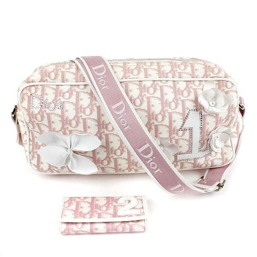 CHRISTIAN DIOR - a Diorissimo Girly Bag and key purse. The pink and white Diorissimo canvas bag, fea