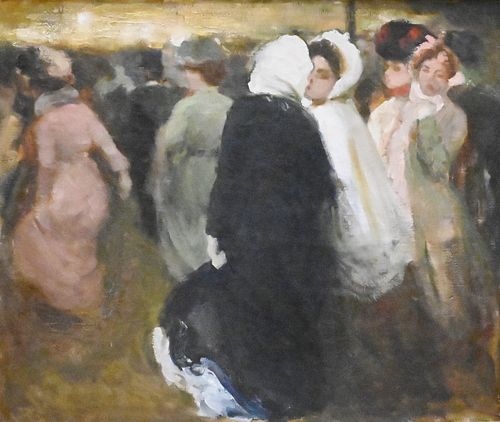 Matteo Sandona (1881 - 1964), group of women in dresses, oil on canvas, signed lower right M. Sandona, 19 1/2" x 23 3/4".