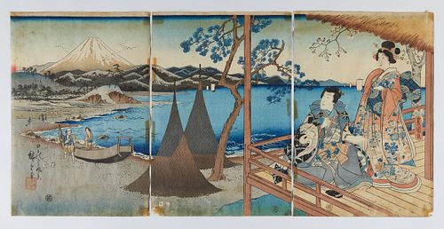 Utagawa Hiroshige Japanese Woodblock Triptych Genji