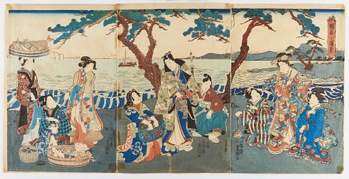 Utagawa Kunisada Ukiyo-e Triptych "Bay of Akashi"