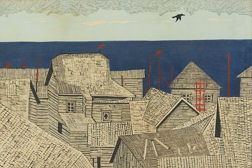 Fumio Kitaoka Rooftops Woodblock Print 1958