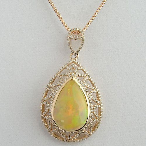 AIG Certified 9.45 Carat Pear Shape Opal, 1.27 Carat Round Cut Diamond and 14 Karat Rose Gold Pendant Necklace.