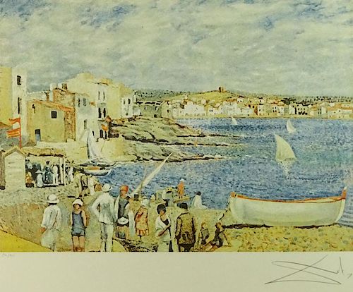 Salvadore Dali, Spanish (1904-1989) Color Lithograph On Rives paper with Certificate of Authenticity attached verso. "Llane Beach at Cadaques"
