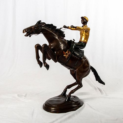 Vintage Large Bronze Figure Rearing Race Horse with Rider