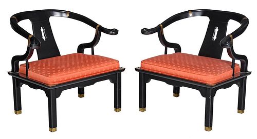 Pair Chinese Style Ebonized and Brass Mounted Armchairs