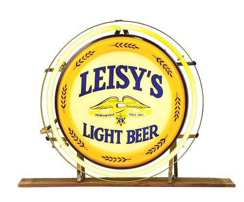 PLASTIC LEXAN-FACED LEISY'S LIGHT BEER LIGHT-UP SIGN.