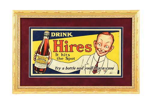 DRINK HIRES EMBOSSED TIN ROOT BEER SIGN.