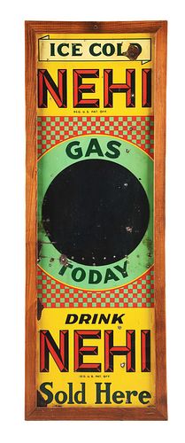 RARE ICE COLD NEHI GAS TODAY EMBOSSED TIN SIGN W/ ADDED WOOD FRAME. 