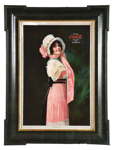 ABSOLUTELY SPECTACULAR SELF FRAMED TIN LITHOGRAPH OF THE COCA-COLA BETTY GIRL.