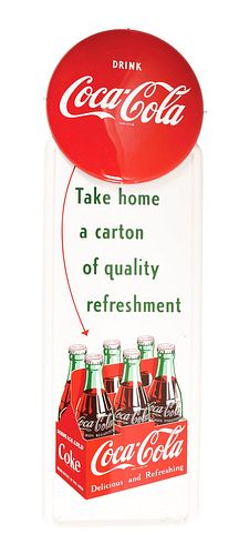 COCA-COLA "DELICIOUS AND REFRESHING" PILASTER BUTTON SIGN.