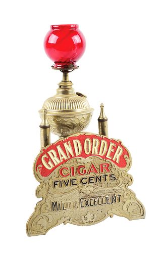EARLY CAST IRON CIGAR CUTTER AND LIGHTER ADVERTISING GRAND ORDER CIGARS.