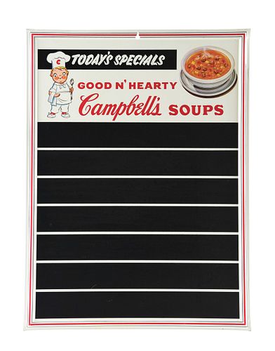 FRAMED CAMPBELL'S SOUPS PAINTED METAL SIGN.