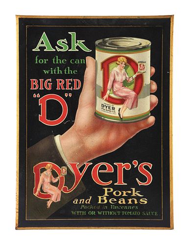 1925 DYERS PORK & BEANS TIN OVER CARDBOARD.