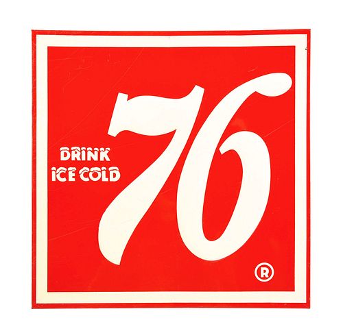 DRINK ICE COLD 76 EMBOSSED TIN SIGN.