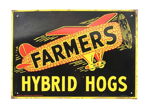 PAINTED TIN FARMERS HYBRID HOGS FEED SIGN.