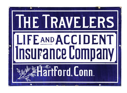 SINGLE-SIDED PORCELAIN THE TRAVELERS LIFE AND ACCIDENT INSURANCE COMPANY SIGN.