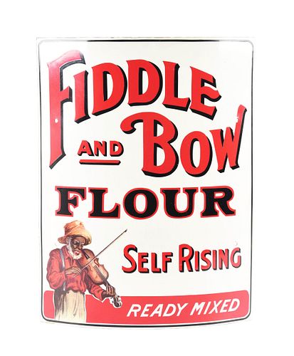 CURVED PORCELAIN FIDDLE AND BOW RISING FLOUR SIGN.