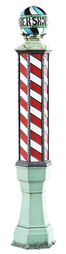 VERY RARE FLOOR MODEL BARBER POLE WITH STAINED GLASS PANELS.